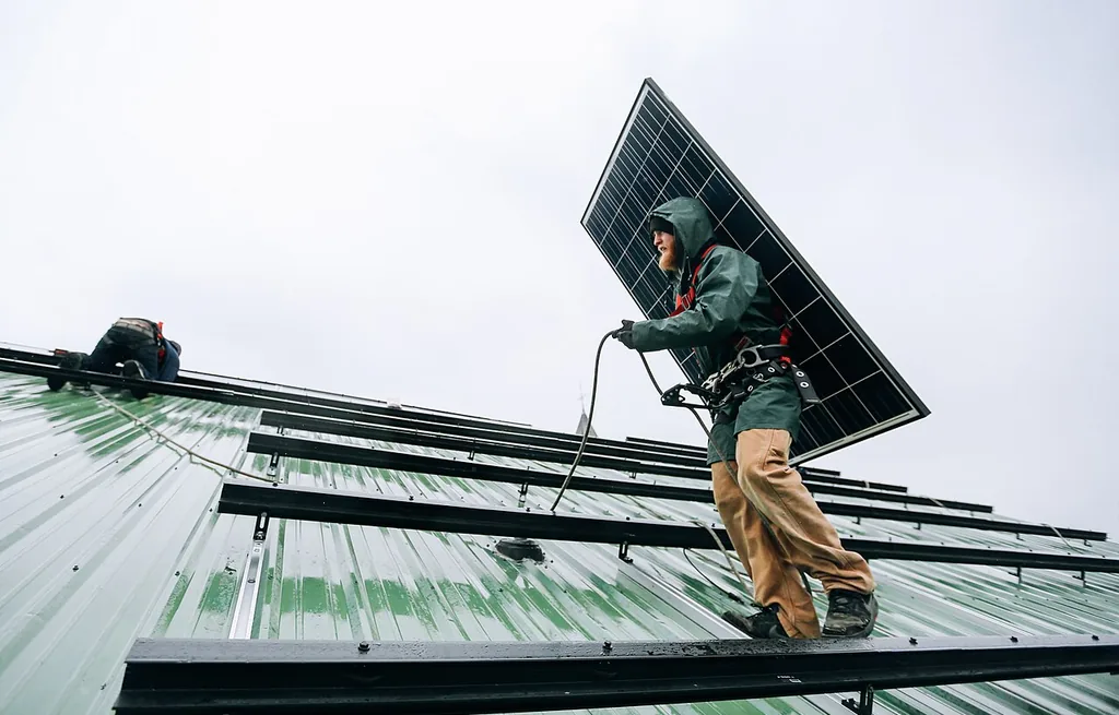 Montator transportând un panou fotovoltaic pe acoperiș din tablă